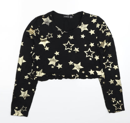 Boohoo Womens Black Geometric Viscose Cropped T-Shirt Size 10 Scoop Neck - Stars