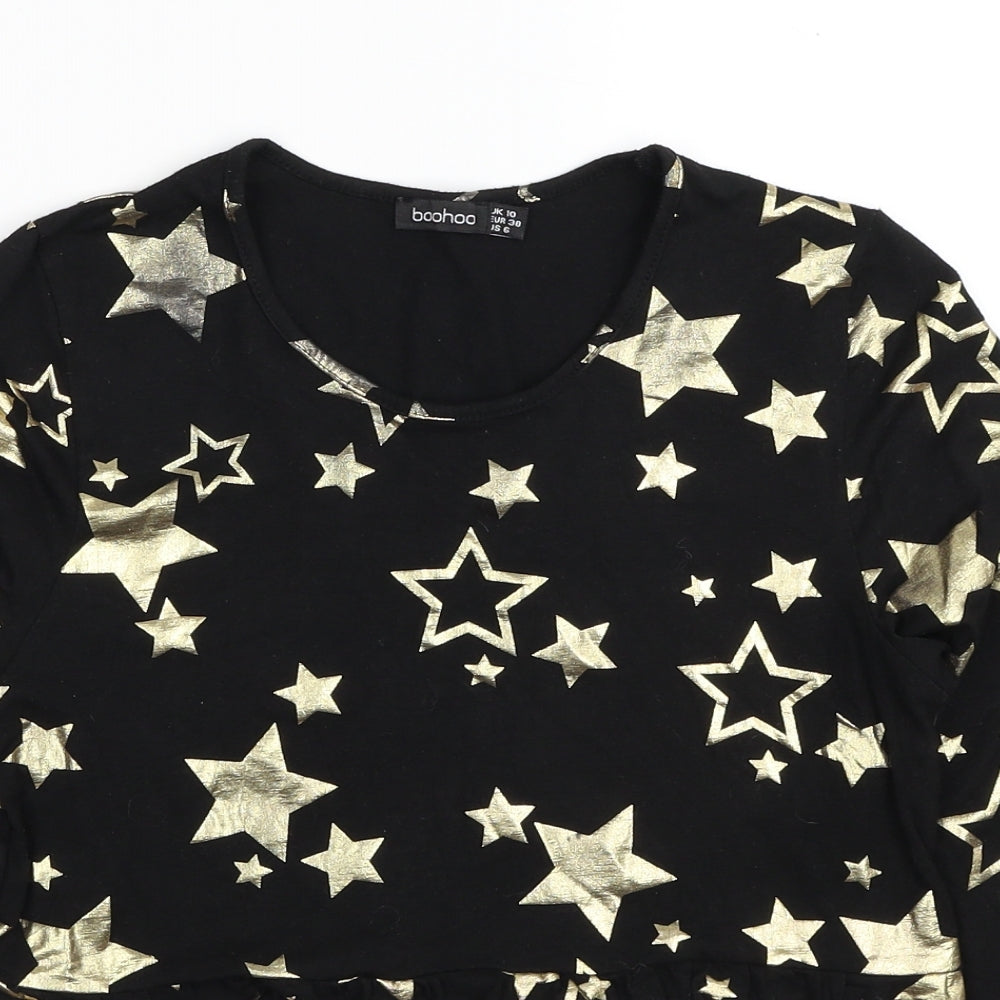 Boohoo Womens Black Geometric Viscose Cropped T-Shirt Size 10 Scoop Neck - Stars