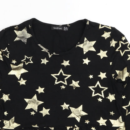 Boohoo Womens Black Geometric Viscose Cropped T-Shirt Size 10 Scoop Neck - Stars