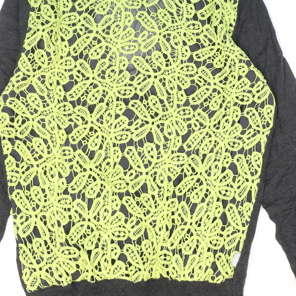 Urban Hilton Weiner Womens Grey V-Neck Floral Polyester Cardigan Jumper Size S - Lace