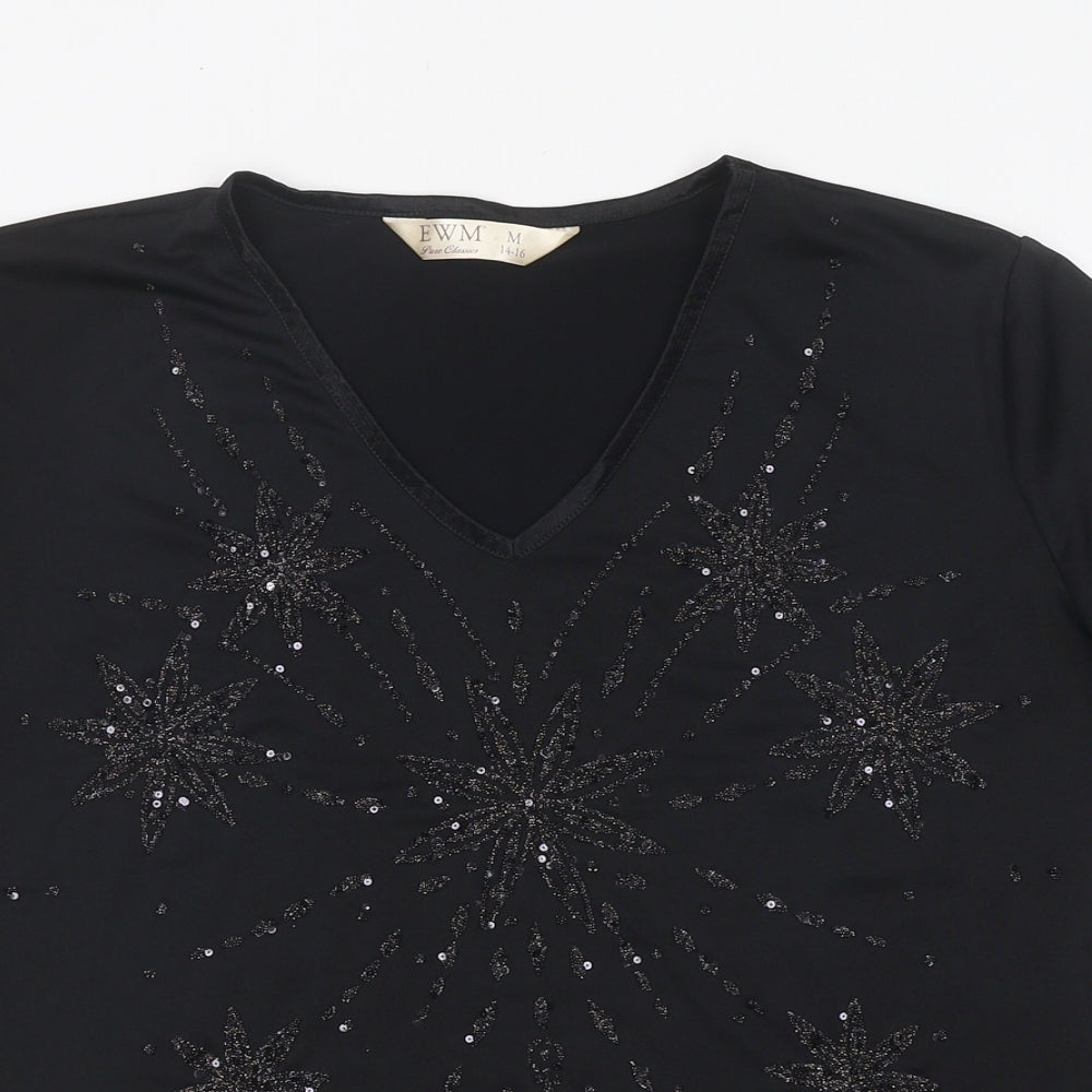 EWM Womens Black Polyester Basic T-Shirt Size M Round Neck