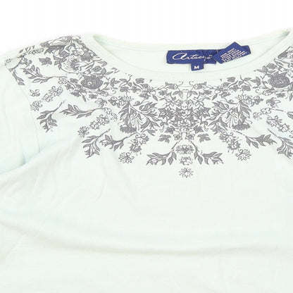 Artseapea Womens Green Cotton Basic T-Shirt Size M Round Neck - Floral Detail