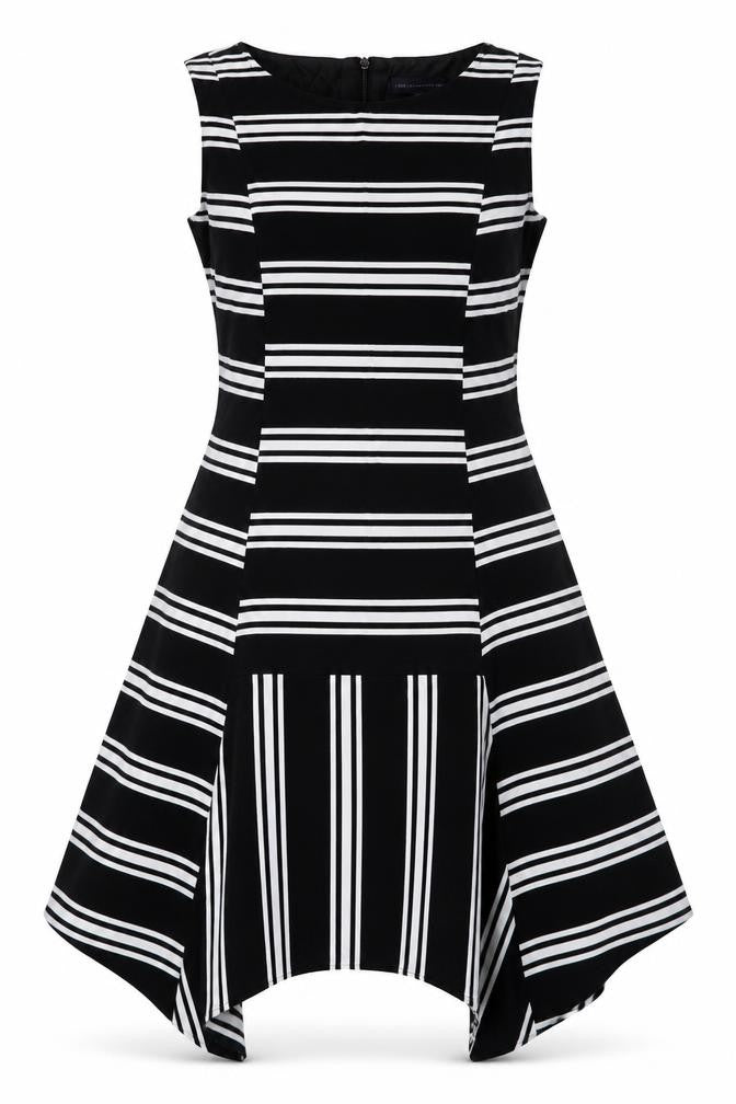 Marks and Spencer Womens Black Striped Viscose A-Line Size 10 Boat Neck Zip
