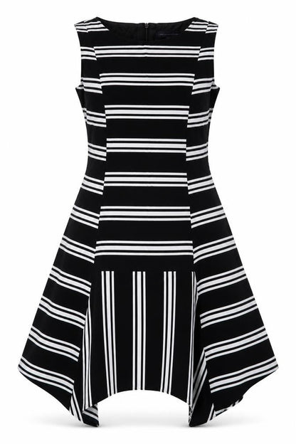 Marks and Spencer Womens Black Striped Viscose A-Line Size 10 Boat Neck Zip