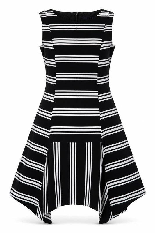 Marks and Spencer Womens Black Striped Viscose A-Line Size 10 Boat Neck Zip