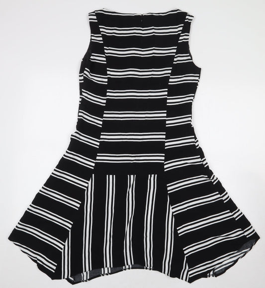 Marks and Spencer Womens Black Striped Viscose A-Line Size 10 Boat Neck Zip