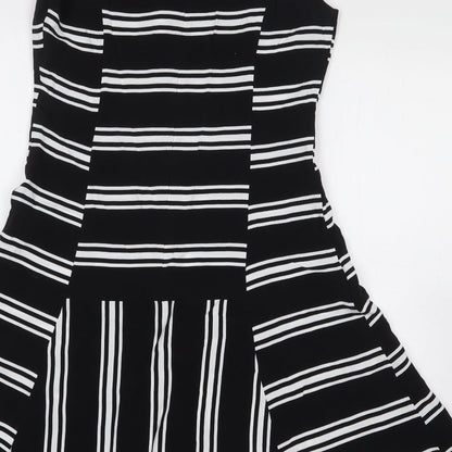 Marks and Spencer Womens Black Striped Viscose A-Line Size 10 Boat Neck Zip