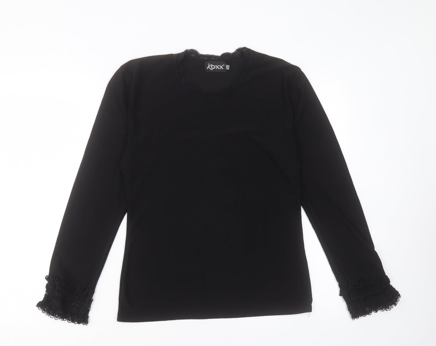 KOXX Womens Black Polyester Basic T-Shirt Size L Crew Neck - Lace Detail