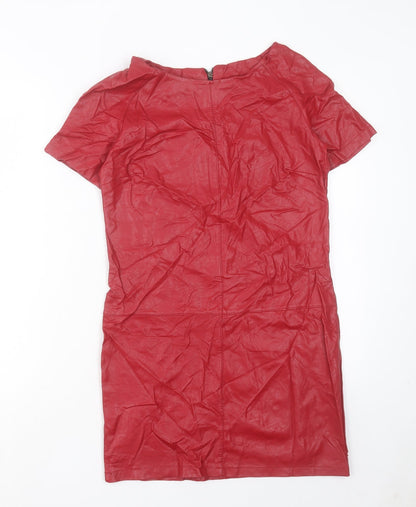 Preworn Womens Red Polyester Shift Size S Boat Neck Zip - Leather Look