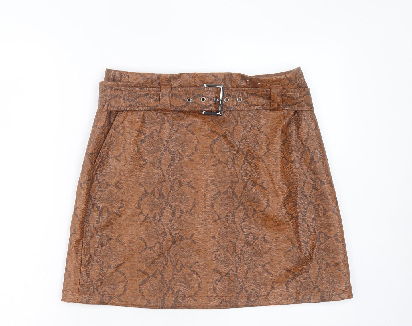 F&F Womens Brown Animal Print Polyurethane A-Line Skirt Size 12 Zip