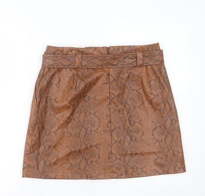 F&F Womens Brown Animal Print Polyurethane A-Line Skirt Size 12 Zip