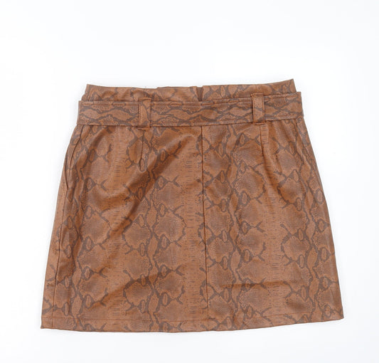 F&F Womens Brown Animal Print Polyurethane A-Line Skirt Size 12 Zip