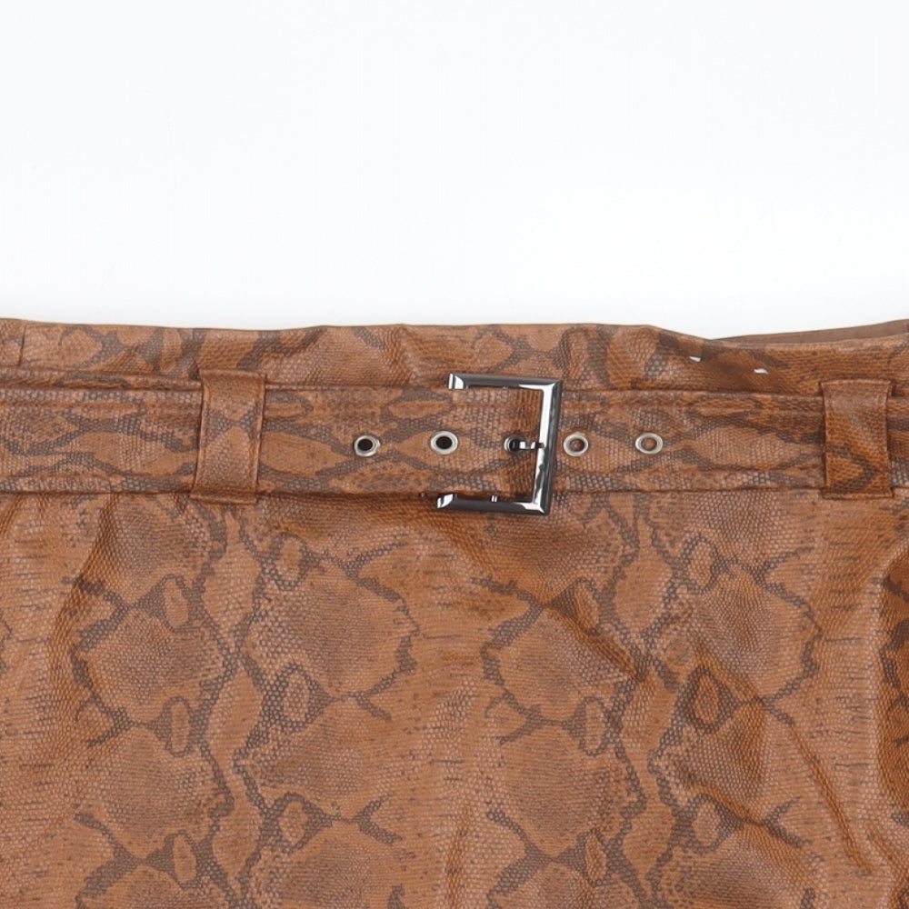F&F Womens Brown Animal Print Polyurethane A-Line Skirt Size 12 Zip