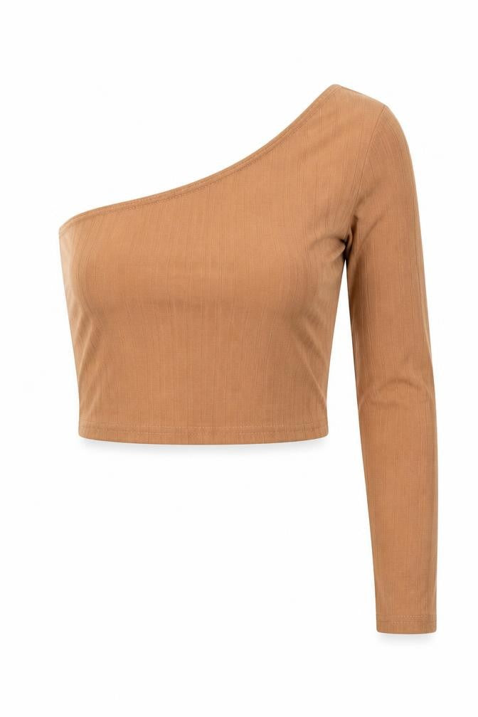 SheIn Womens Brown Polyester Cropped T-Shirt Size S One Shoulder