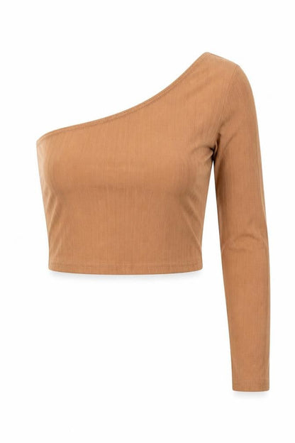 SheIn Womens Brown Polyester Cropped T-Shirt Size S One Shoulder