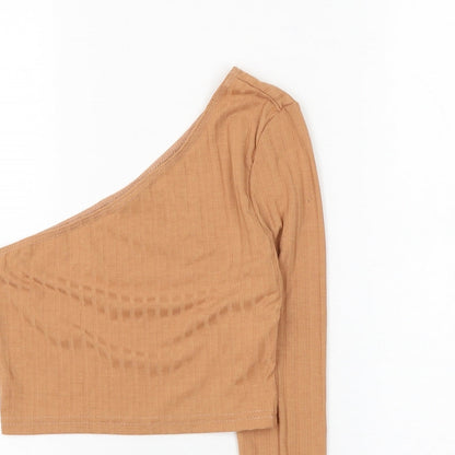 SheIn Womens Brown Polyester Cropped T-Shirt Size S One Shoulder