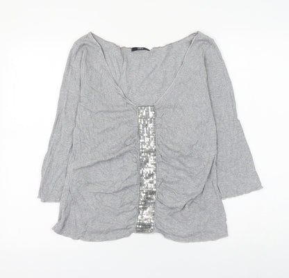 Marks and Spencer Womens Grey Cotton Basic Blouse Size 14 V-Neck
