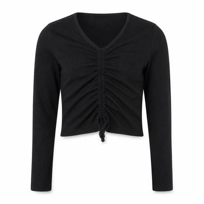 Matalan Girls Black Cotton Cropped T-Shirt Size 11 Years V-Neck Pullover - Ruched