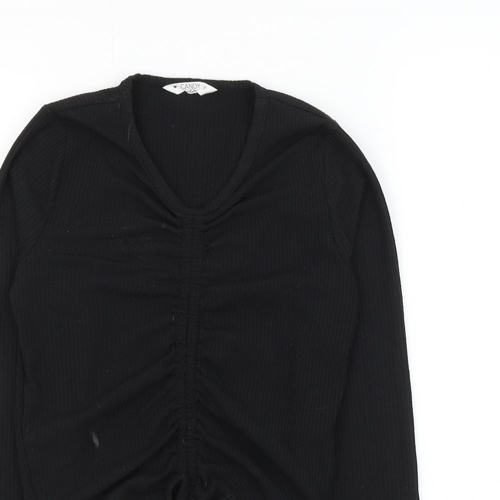 Matalan Girls Black Cotton Cropped T-Shirt Size 11 Years V-Neck Pullover - Ruched