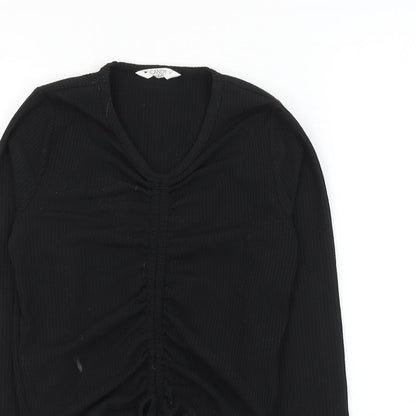 Matalan Girls Black Cotton Cropped T-Shirt Size 11 Years V-Neck Pullover - Ruched