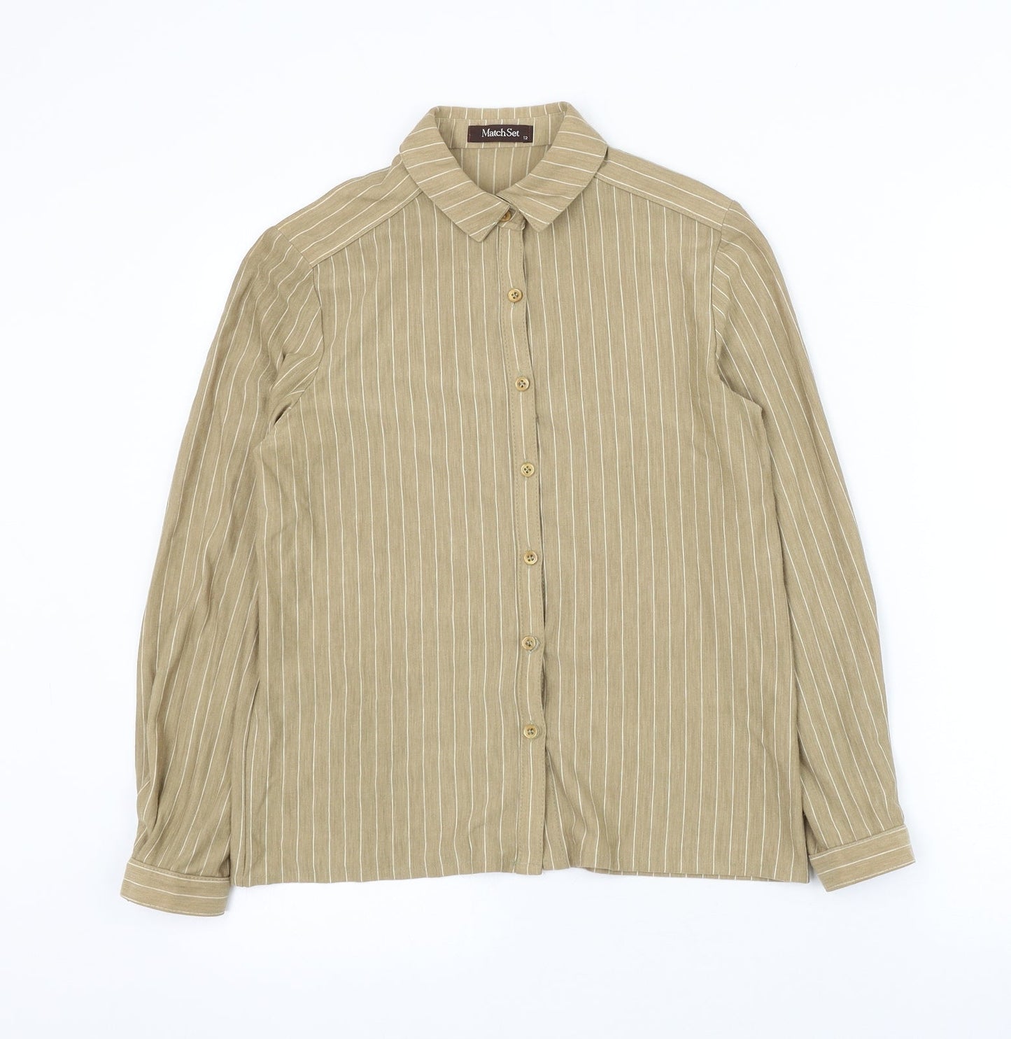 Match Set Womens Brown Striped Polyester Basic Button-Up Size 12 Collared