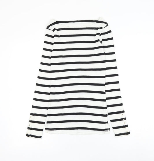 F&F Womens White Striped Cotton Basic T-Shirt Size 8 Round Neck