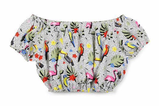 Compania Fantastica Womens Multicoloured Geometric Polyester Cropped T-Shirt Size S Off the Shoulder - Bird Print