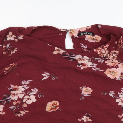 Boohoo Womens Red Floral Polyester Basic Blouse Size 8 Round Neck