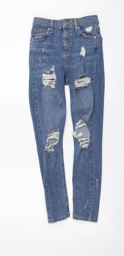 Topshop Womens Blue Cotton Skinny Jeans Size 26 in L30 in Regular Button - Distressed Look