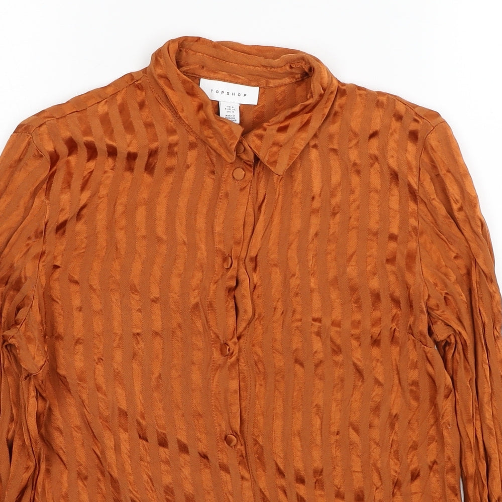 Topshop Womens Orange Striped Viscose Basic Button-Up Size 8 Collared