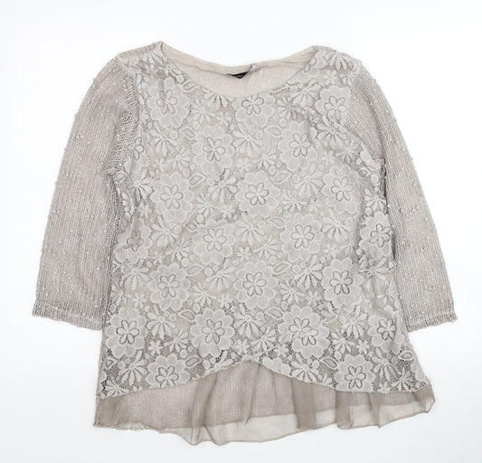 Alexara Womens Ivory Floral Viscose Basic Blouse Size S Boat Neck - Lace Overlay