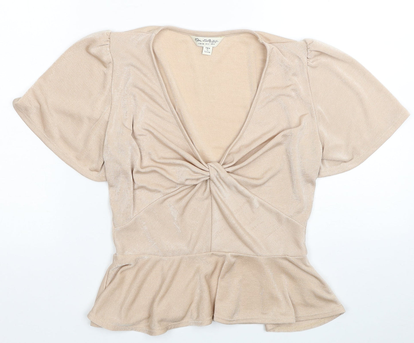 Miss Selfridge Womens Beige Polyester Basic Blouse Size 6 V-Neck - Knot Detail