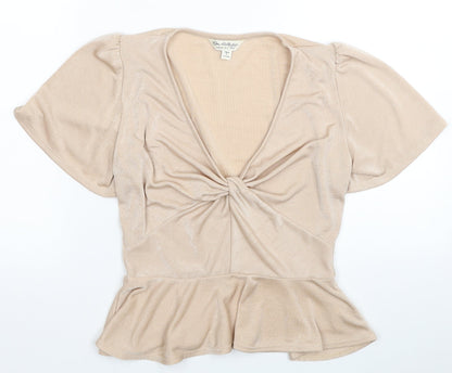 Miss Selfridge Womens Beige Polyester Basic Blouse Size 6 V-Neck - Knot Detail