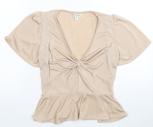 Miss Selfridge Womens Beige Polyester Basic Blouse Size 6 V-Neck - Knot Detail