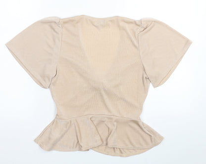 Miss Selfridge Womens Beige Polyester Basic Blouse Size 6 V-Neck - Knot Detail