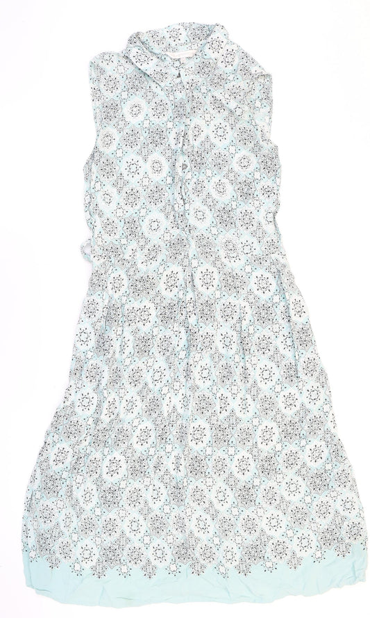 RJR.John Rocha Womens Blue Geometric Viscose Shirt Dress Size 12 Collared Zip