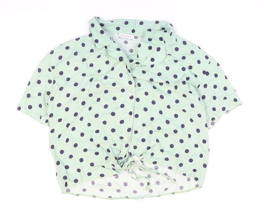 Papaya Womens Green Polka Dot Viscose Cropped Button-Up Size 14 Collared