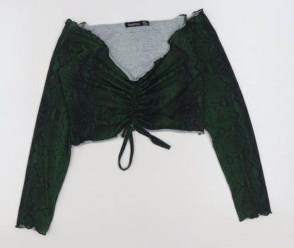 Boohoo Womens Green Animal Print Viscose Cropped Blouse Size 12 V-Neck - Snake Skin Print