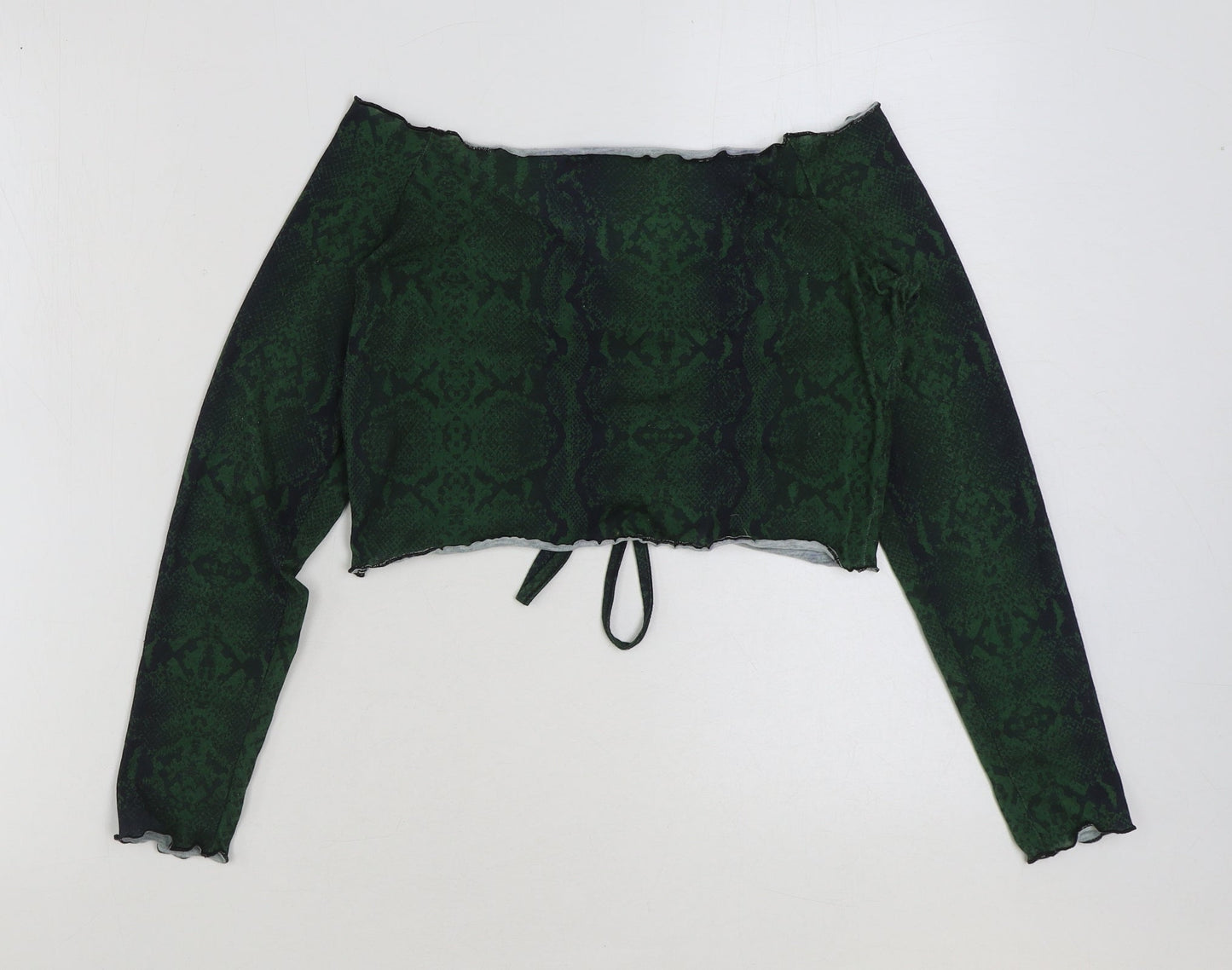 Boohoo Womens Green Animal Print Viscose Cropped Blouse Size 12 V-Neck - Snake Skin Print