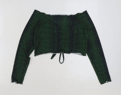 Boohoo Womens Green Animal Print Viscose Cropped Blouse Size 12 V-Neck - Snake Skin Print