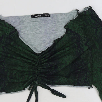 Boohoo Womens Green Animal Print Viscose Cropped Blouse Size 12 V-Neck - Snake Skin Print