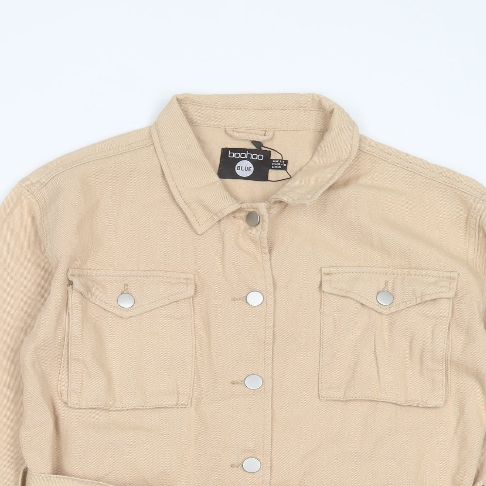 Boohoo Womens Beige Cotton Basic Button-Up Size 12 Collared