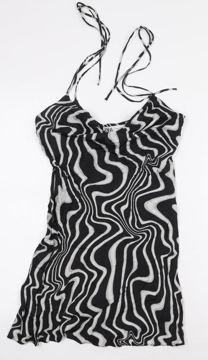 Zara Womens Black Geometric Viscose Mini Size XS Off the Shoulder Tie - Swirl Pattern