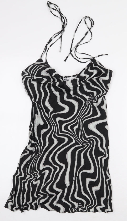 Zara Womens Black Geometric Viscose Mini Size XS Off the Shoulder Tie - Swirl Pattern