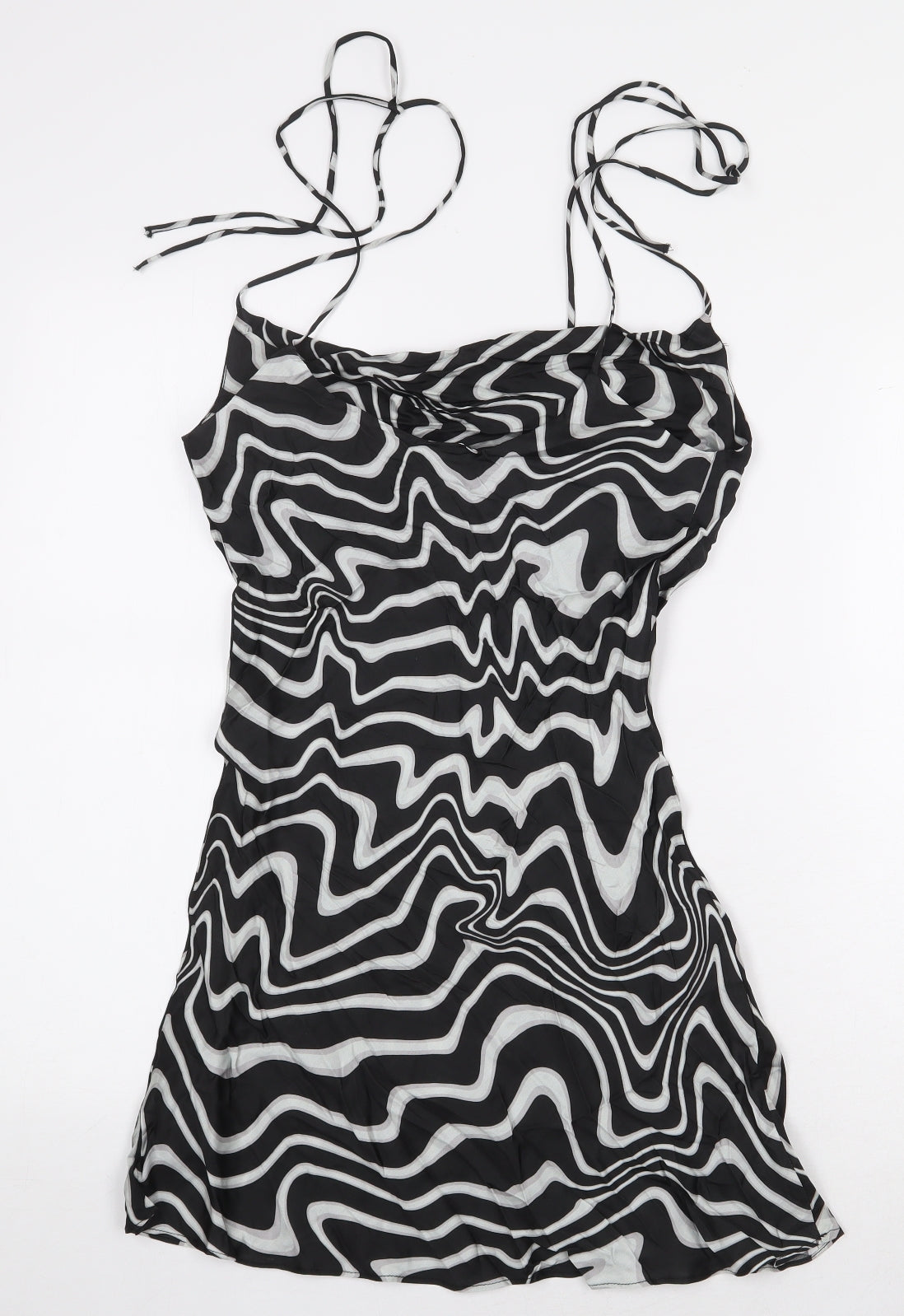 Zara Womens Black Geometric Viscose Mini Size XS Off the Shoulder Tie - Swirl Pattern