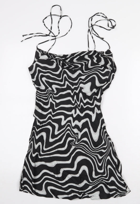 Zara Womens Black Geometric Viscose Mini Size XS Off the Shoulder Tie - Swirl Pattern
