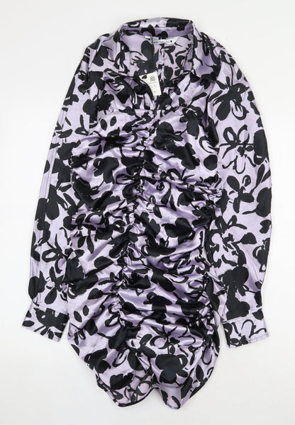 Zara Womens Purple Floral Polyester Mini Size S Collared Button