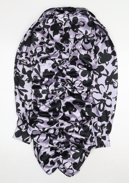 Zara Womens Purple Floral Polyester Mini Size S Collared Button