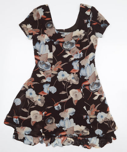 Jeffrey & Dara Womens Brown Floral Rayon A-Line Size 8 Scoop Neck Zip