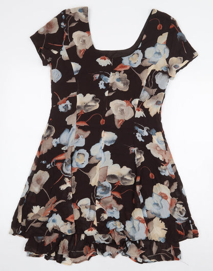 Jeffrey & Dara Womens Brown Floral Rayon A-Line Size 8 Scoop Neck Zip